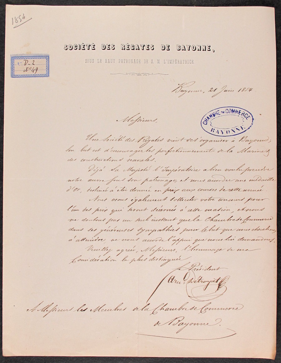 Carta de la Société de régates de Bayonne para la organización de regatas en el Adur en agosto