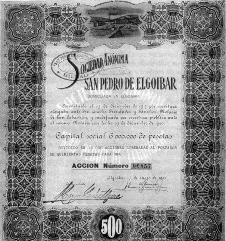 Elgoibarreko San Pedro siderurgia enpresako akzioa, 1921