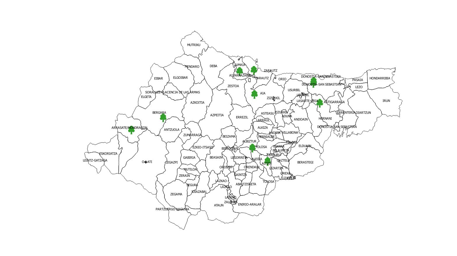 Mapa de árboles singulares de Gipuzkoa
