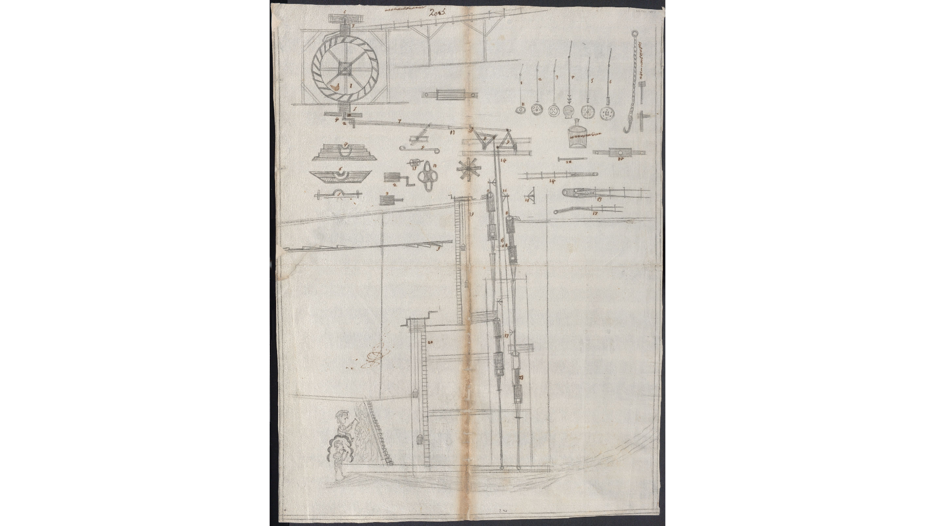 Dibujo de Cristóbal Fat, mostrando algunos dispositivos y herramientas de extracción y laboreo de la mina (Jesús Elosegui)